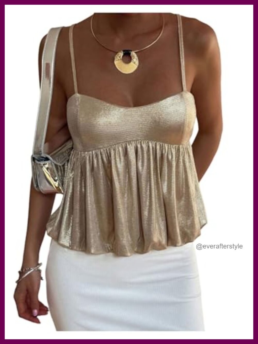 Metallic Peplum Top Spaghetti Strap Ruffle Babydoll Cami